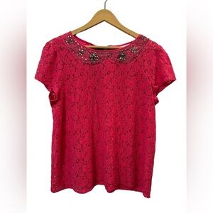 Ann Taylor Loft Pink Lace Gem Stones Embellished Blouse Top Large